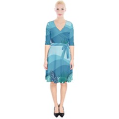 Illustration Of Palm Leaves Waves Mountain Hills Wrap Up Cocktail Dress