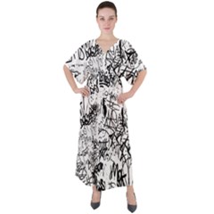 Black And White Graffiti Abstract Collage V-neck Boho Style Maxi Dress by dflcprintsclothing
