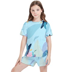 Nature Leaves Plant Background Kids  Tee And Sports Shorts Set