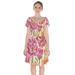 Retro Flowers Short Sleeve Bardot Dress