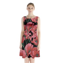 Red Flowers Sleeveless Waist Tie Chiffon Dress by goljakoff