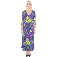 Vibrant Abstract Floral/rainbow Color Quarter Sleeve Wrap Maxi Dress