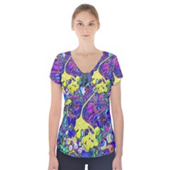 Vibrant Abstract Floral/rainbow Color Short Sleeve Front Detail Top by dressshop