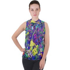 Vibrant Abstract Floral/rainbow Color Mock Neck Chiffon Sleeveless Top by dressshop