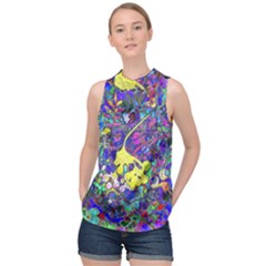 Vibrant Abstract Floral/rainbow Color High Neck Satin Top