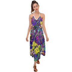 Vibrant Abstract Floral/rainbow Color Halter Tie Back Dress  by dressshop