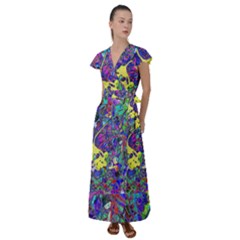 Vibrant Abstract Floral/rainbow Color Flutter Sleeve Maxi Dress by dressshop