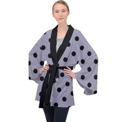 Large Black Polka Dots On Coin Grey - Long Sleeve Velvet Kimono  by FashionLane