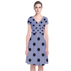 Large Black Polka Dots On Cool Grey - Short Sleeve Front Wrap Dress by FashionLane