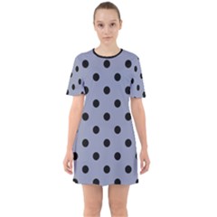 Large Black Polka Dots On Cool Grey - Sixties Short Sleeve Mini Dress by FashionLane