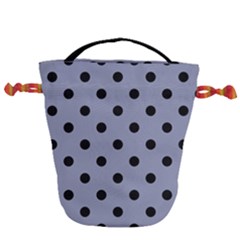Large Black Polka Dots On Cool Grey - Drawstring Bucket Bag by FashionLane