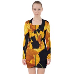 Yellow Poppies V-neck Bodycon Long Sleeve Dress by Audy