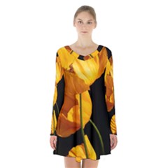 Yellow Poppies Long Sleeve Velvet V-neck Dress by Audy