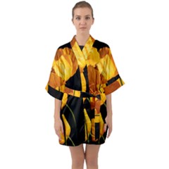 Yellow Poppies Half Sleeve Satin Kimono 