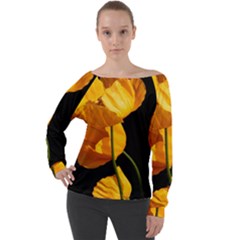 Yellow Poppies Off Shoulder Long Sleeve Velour Top