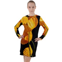 Yellow Poppies Long Sleeve Hoodie Dress