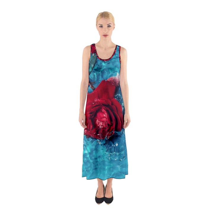 Red Roses In Water Sleeveless Maxi Dress