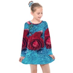 Red Roses In Water Kids  Long Sleeve Dress by Audy