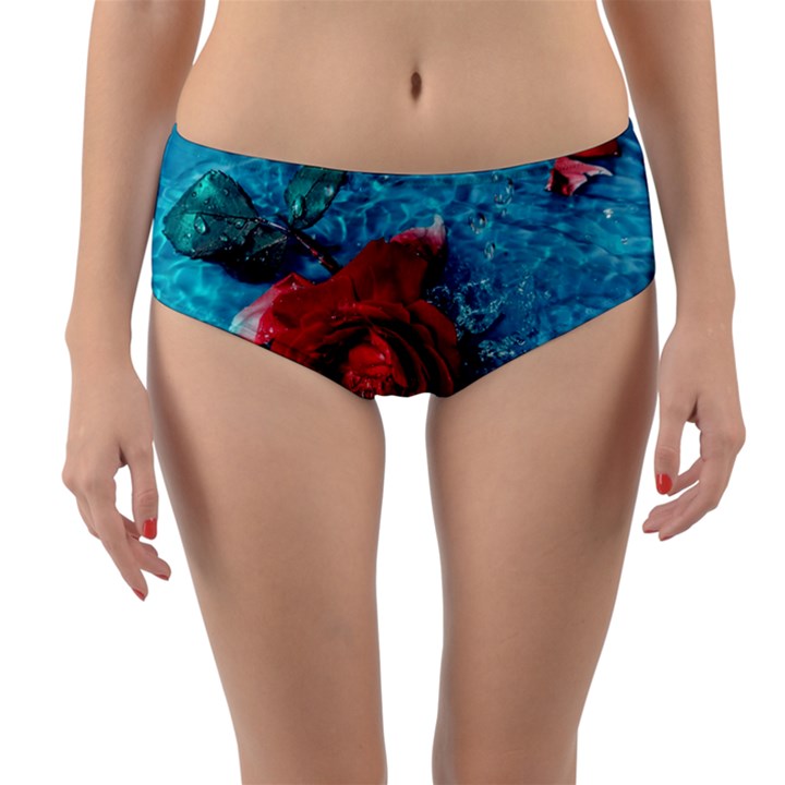 Red Roses In Water Reversible Mid-Waist Bikini Bottoms