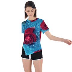 Red Roses In Water Asymmetrical Short Sleeve Sports Tee