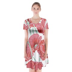 Red Poppy Flowers Short Sleeve V-neck Flare Dress