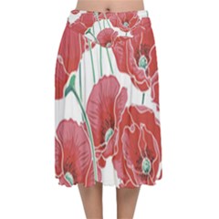 Red Poppy Flowers Velvet Flared Midi Skirt by goljakoff