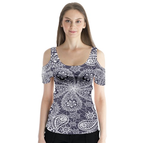 White Flower Mandala Butterfly Sleeve Cutout Tee  by goljakoff