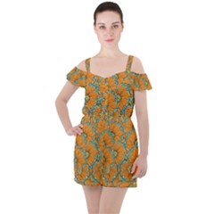 Orange Flowers Ruffle Cut Out Chiffon Playsuit by goljakoff