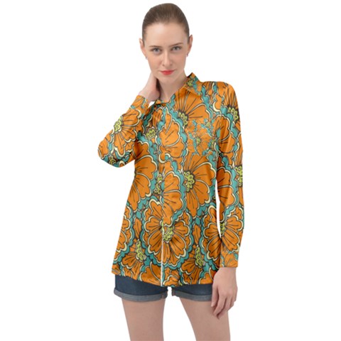 Orange Flowers Long Sleeve Satin Shirt by goljakoff