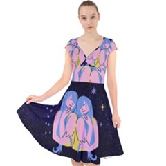 Twin Horoscope Astrology Gemini Cap Sleeve Front Wrap Midi Dress