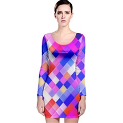 Squares Pattern Geometric Seamless Long Sleeve Velvet Bodycon Dress