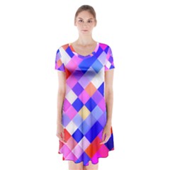 Squares Pattern Geometric Seamless Short Sleeve V-neck Flare Dress