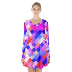 Squares Pattern Geometric Seamless Long Sleeve Velvet V-neck Dress by Dutashop
