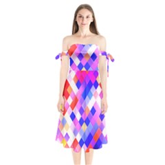 Squares Pattern Geometric Seamless Shoulder Tie Bardot Midi Dress