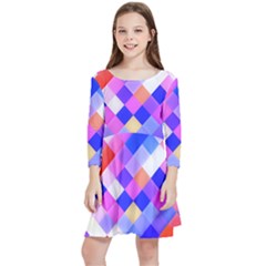 Squares Pattern Geometric Seamless Kids  Quarter Sleeve Skater Dress