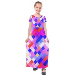 Squares Pattern Geometric Seamless Kids  Short Sleeve Maxi Dress by Dutashop