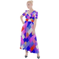 Squares Pattern Geometric Seamless Button Up Short Sleeve Maxi Dress