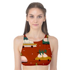 Cute Merry Christmas And Happy New Seamless Pattern With Cars Carrying Christmas Trees Tank Bikini Top
