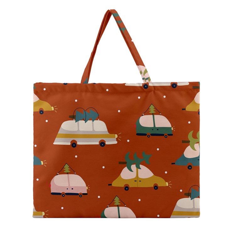 Cute Merry Christmas And Happy New Seamless Pattern With Cars Carrying Christmas Trees Zipper Large Tote Bag