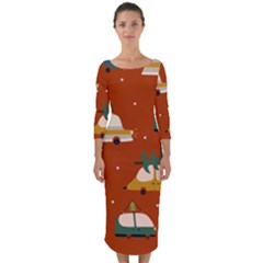 Cute Merry Christmas And Happy New Seamless Pattern With Cars Carrying Christmas Trees Quarter Sleeve Midi Bodycon Dress