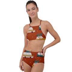 Cute Merry Christmas And Happy New Seamless Pattern With Cars Carrying Christmas Trees High Waist Tankini Set by EvgeniiaBychkova