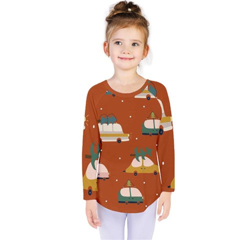 Cute Merry Christmas And Happy New Seamless Pattern With Cars Carrying Christmas Trees Kids  Long Sleeve Tee by EvgeniiaBychkova