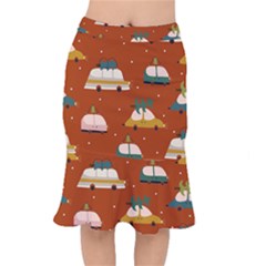 Cute Merry Christmas And Happy New Seamless Pattern With Cars Carrying Christmas Trees Short Mermaid Skirt by EvgeniiaBychkova