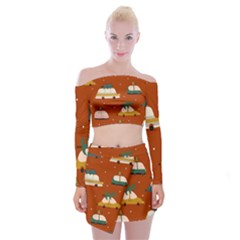 Cute Merry Christmas And Happy New Seamless Pattern With Cars Carrying Christmas Trees Off Shoulder Top With Mini Skirt Set