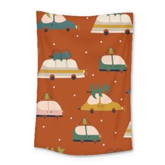 Cute Merry Christmas And Happy New Seamless Pattern With Cars Carrying Christmas Trees Small Tapestry by EvgeniiaBychkova