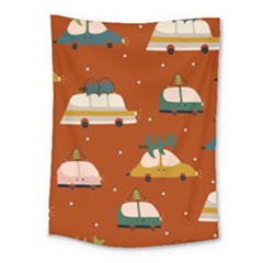 Cute Merry Christmas And Happy New Seamless Pattern With Cars Carrying Christmas Trees Medium Tapestry by EvgeniiaBychkova