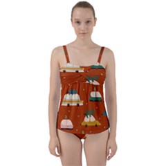 Cute Merry Christmas And Happy New Seamless Pattern With Cars Carrying Christmas Trees Twist Front Tankini Set by EvgeniiaBychkova