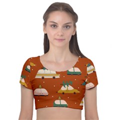 Cute Merry Christmas And Happy New Seamless Pattern With Cars Carrying Christmas Trees Velvet Short Sleeve Crop Top  by EvgeniiaBychkova