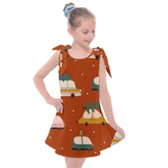 Cute Merry Christmas And Happy New Seamless Pattern With Cars Carrying Christmas Trees Kids  Tie Up Tunic Dress by EvgeniiaBychkova