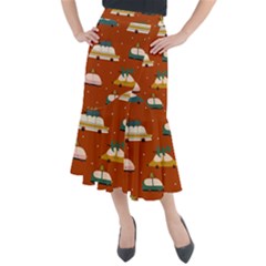 Cute Merry Christmas And Happy New Seamless Pattern With Cars Carrying Christmas Trees Midi Mermaid Skirt